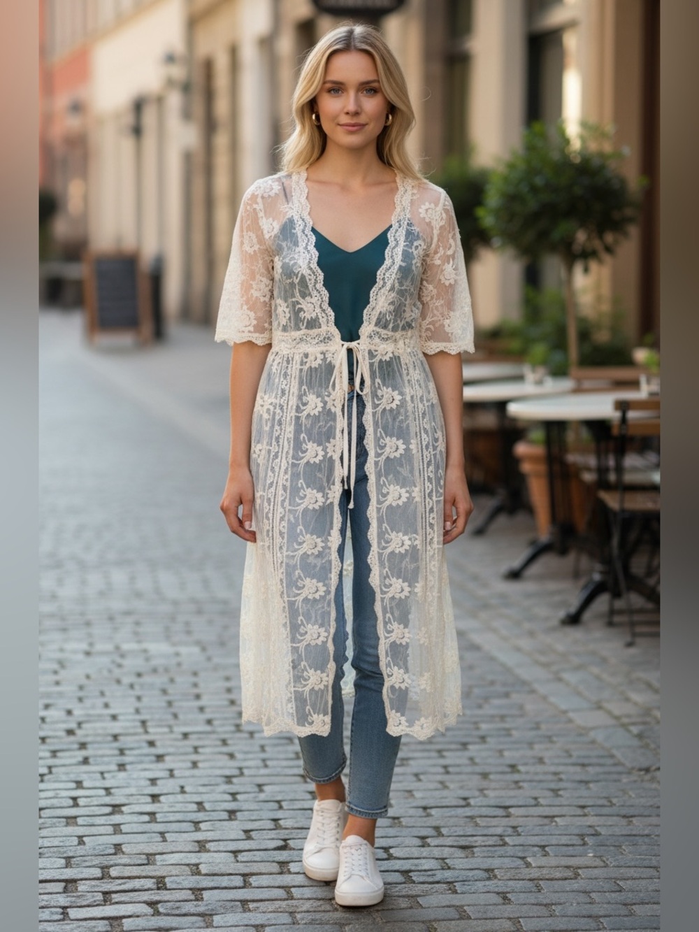 Liv Los Angeles Lace Long Cardigan Cream Sz L